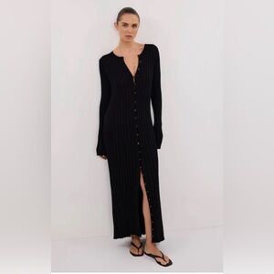 DISSH Black Ribbed Button-Front Maxi Dress